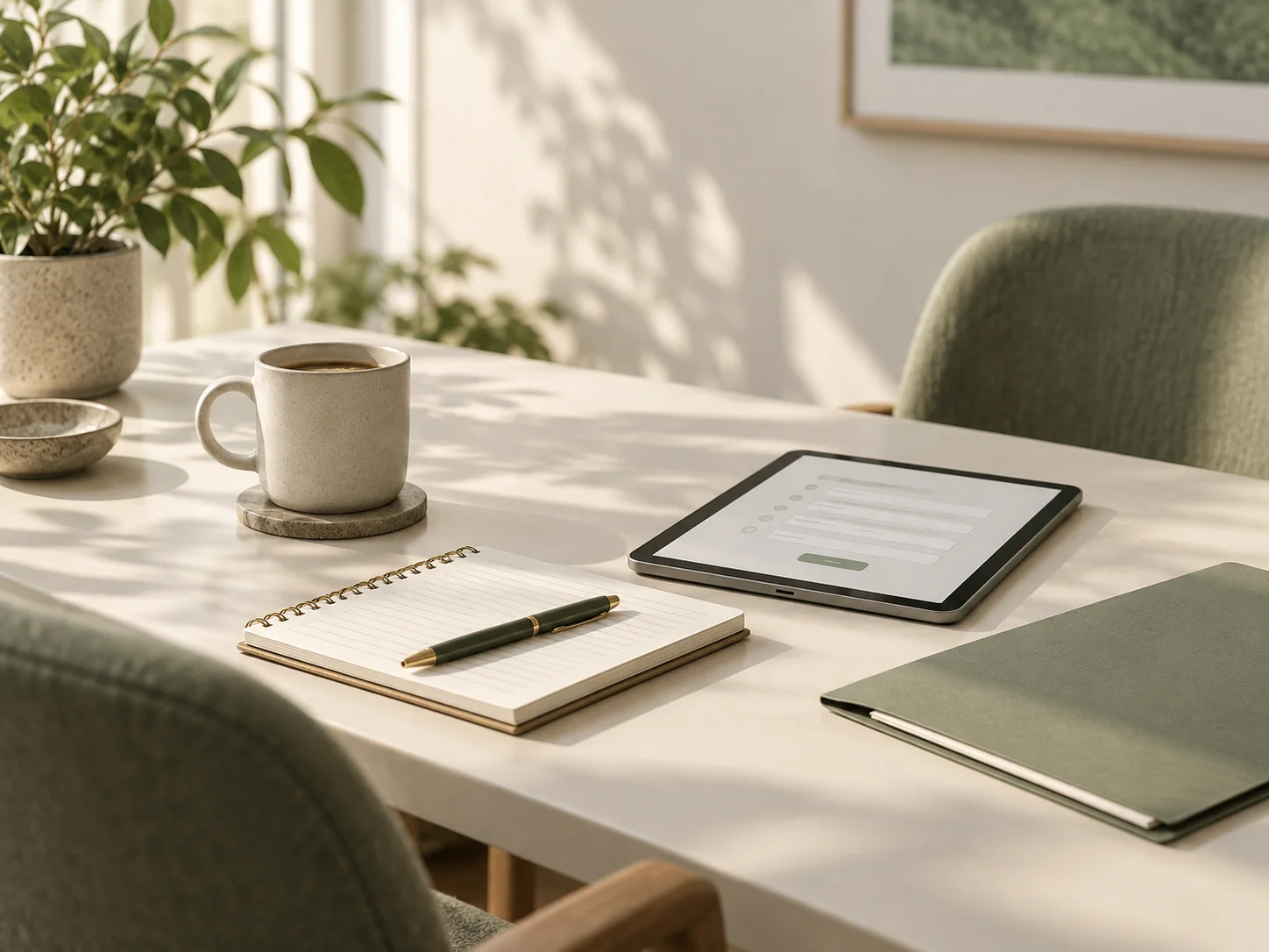 A consultation table prepared with a tablet, notebook, and folder